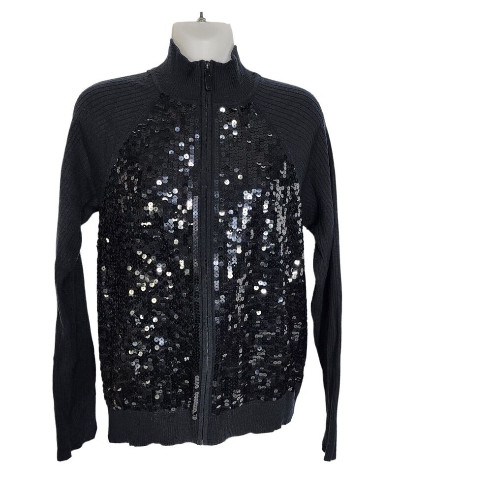 Chico's Womens Jacket Size 1 Medium 8 Black Sequins Full Zip Silk Blend Ribbed